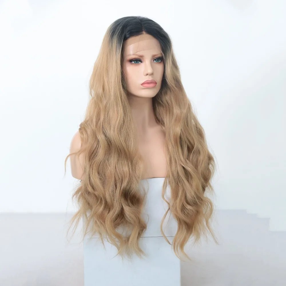 RONGDUOYI длинные двухцветные объемные волнистые парики синтетические парики на кружеве для женщин Омбре коричневый высокая температура волокна волос парик
