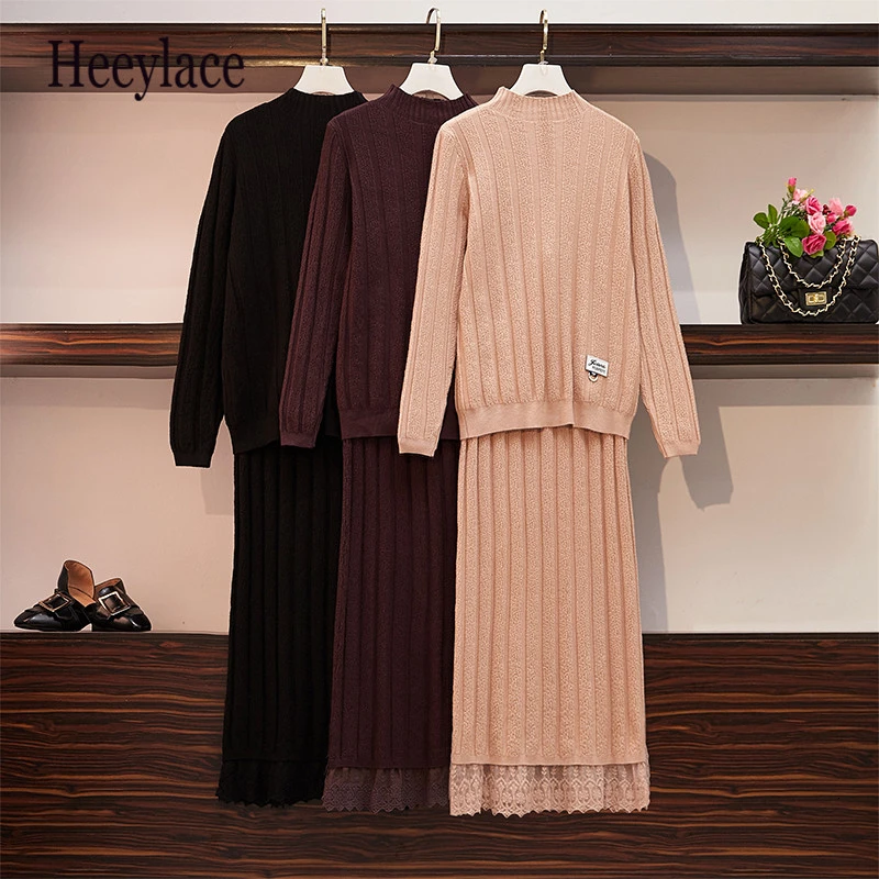 

5XL plus size Women Autumn Solid Knitted OL elegant Two Piece Set Warm Pullover Sweater and Lace Patchwork Midi Skirt set outfit