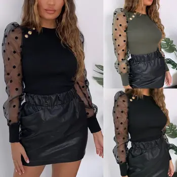 

Autumn Women Mesh Sheer Puff Sleeve Blouses Long Sleeve Sexy Shirts Slim Club Tops Women Clothes