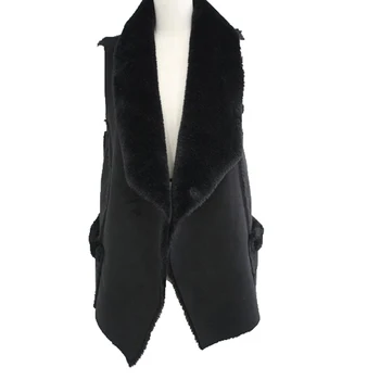 

2020 women faux suede leather lamb wool vest lapel sleeveless shearling coats female casual waistcoat black beige A315