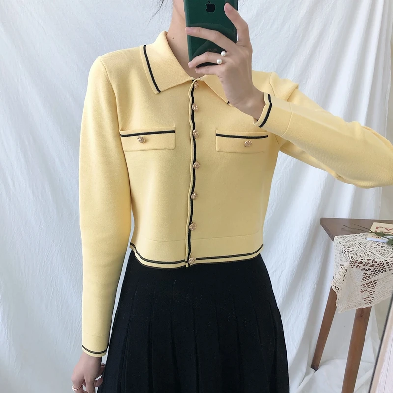

Women's Knitted Short Cost Single Breasted Cardigan Long Sleeve Turndown Collar Preppy Style Knitwear Top