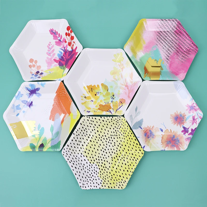 

12pcs Mixed color Gold Foil Floral Paper Plates Cake Dishes Baby Shower Birthday Bridal Wedding Home Party Disposable Tableware