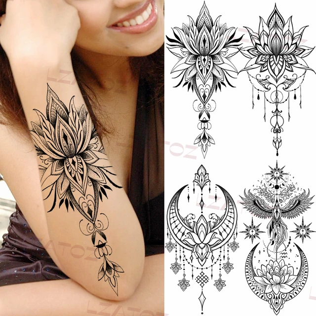 Impermeável Tatuagem Temporária Etiqueta Borboleta Lotus Lace Henna Flor  Flash Tatto Mulheres Homens Pintados À Mão Body Art Falso Tatuagens