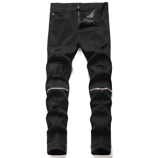Mens Black Straight Leg Jeans Knee 