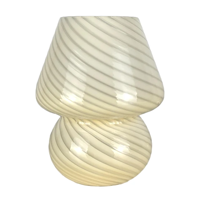 Glass LED Desk Lamp For Bedroom Bedside Korean Modern ​Striped Mushroom Table Lamp Decor Cute Glass Translucent Bedside Lamp Beige Stripe