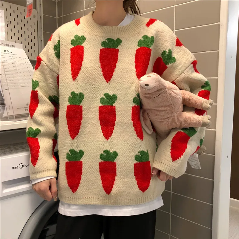 Sweet Carrot Print Knitted Sweater Women Casual O Neck Long Sleeve