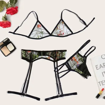 

LEECHEE NEW Three-point mesh sexy underwear embroidered sexy soft lingerie set for women hollow perspective temptation bra set