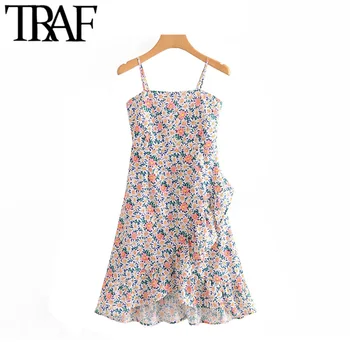 

TRAF Women Vintage Chic Floral Print Ruffled Mini Dress Fashion Back Zipper Elastic Waist Spaghetti Strap Beach Female Dresses