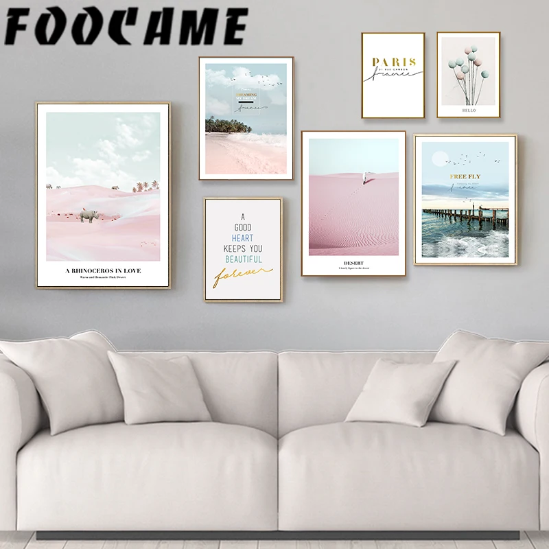 Rhinoceros Paris Pink Desert Beach Ocean Nordic Wall Art Canvas Print Picture Quote Poster Scandinavian Landscape Painting Decor | Дом и сад