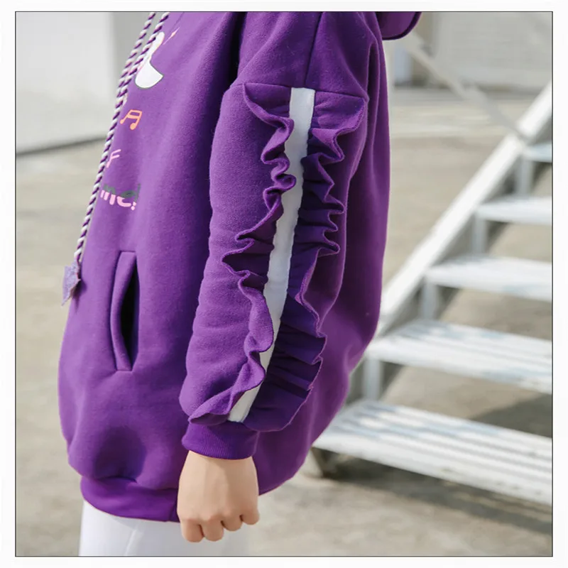 Lychee Harajuku Ruffle лоскутное Фиолетовые женские толстовки гитара кролик письмо вышивка с капюшоном женские толстовки Осенние женские топы