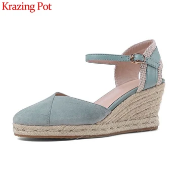 

Krazing pot three colors summer sandals kid suede round toe high heels straw wedges buckle strap elegant brand shoes women L21