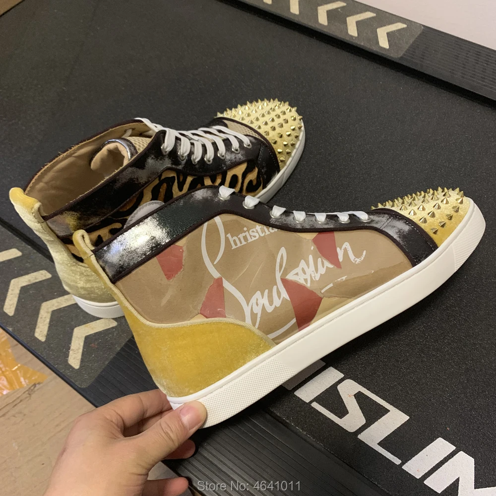

High Top Leisure cl andgz Yellow PVC Leather Lace Up Rivets Front Red bottoms men Sports shoes sneakers Flat Loafers Footwear
