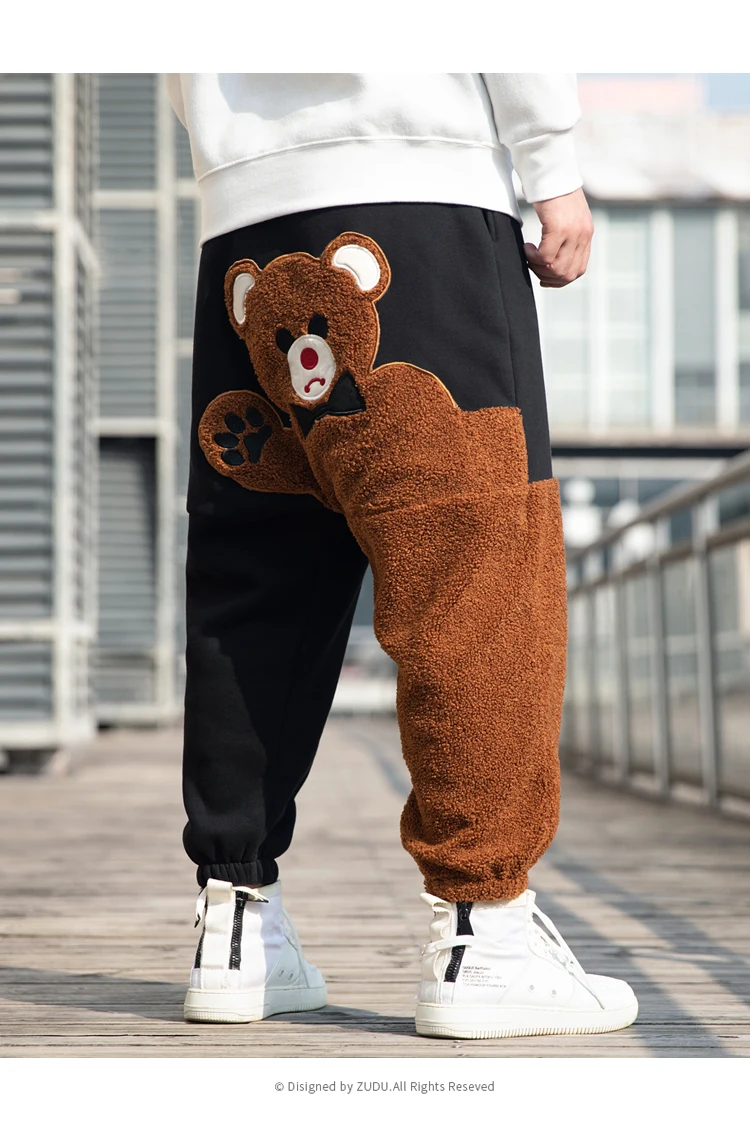 mens jogging bottoms Fashion Bear Cartoon Pattern Fleece Casual Pants Autumn Winter Loose Plus Size Hip Hop Jogging Pants Streetwear Men Clothing sports trousers for men