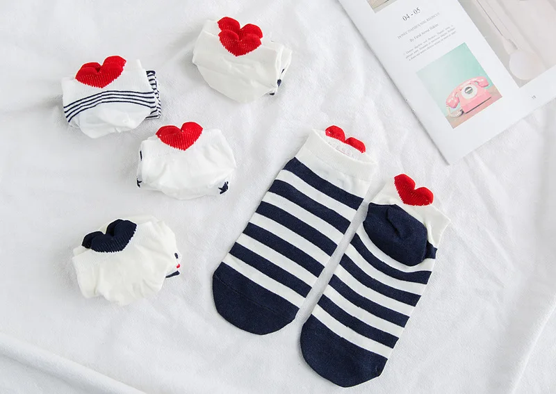 5Pairs/lot Women Cotton Striped Socks Cute Ankle Socks Short Women Socks Casual Animal Ear Red Heart Gril Socks 35-40