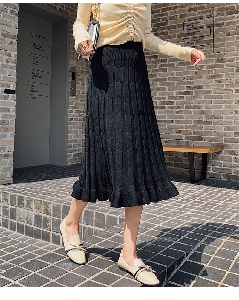 BGTEEVER Autumn Winter Cable Twist Women Knitted Skirts Thick Warm Midi Skirt Elastic Band High Waist Tulle Skirt for Women