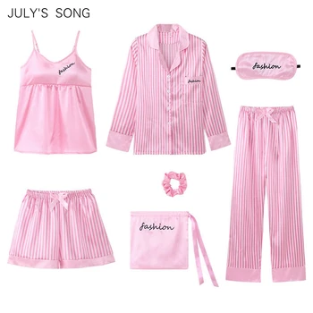 

JULY'S SONG 2020 New Fashion 7 Pieces Pajamas Sets Faux Silk Stain Pink Stripe Pyjama Sexy Sling Shorts Long Sleeve Sleepwear