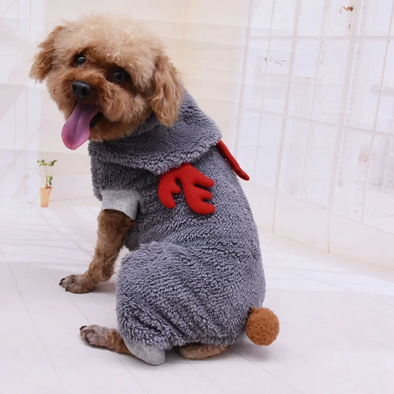 Осенне-зимняя бархатная одежда с капюшоном для костюмированной вечеринки с изображением оленя; теплый костюм для маленьких и средних собак; Рождественская Толстовка с капюшоном с 4 ножками