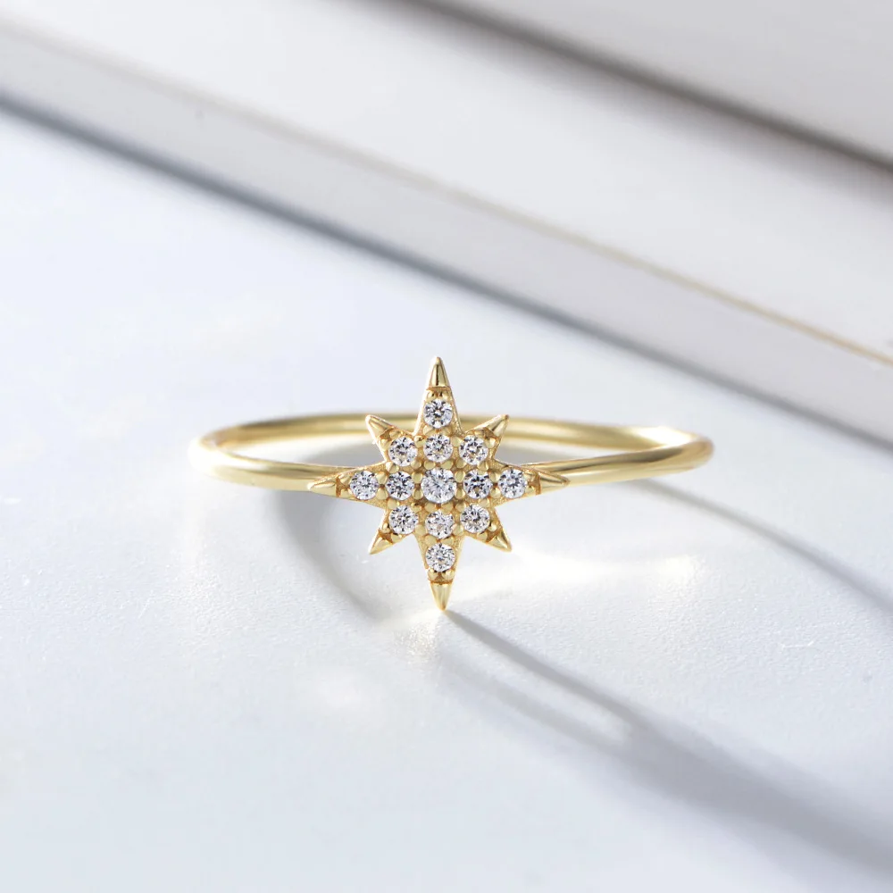 

14K Gold Plated Over On 925 Sterling Silver White CZ Pave North Star Ring Dainty Rings For Women Gift