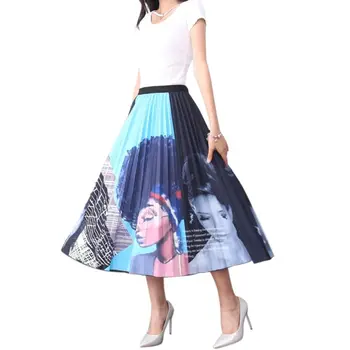 

Women Summer Empire High Waist Pleated Swing Midi Skirt Color Block Graffiti Cartoon Print A-Line Casual Female Bottoms