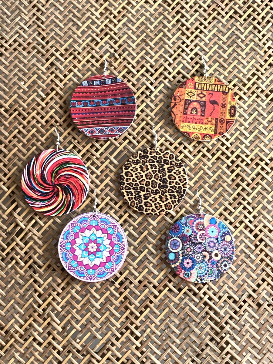 Модные круглые красочные серьги-капли деревянные серьги с принтом для женщин |