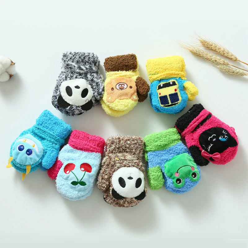 

1-4 Y Cute Cartoon Bear Baby Gloves Winter Knitted Wool Infants Mittens Thicke Warm Full Rope Gloves For Baby Boys Girls Toddler