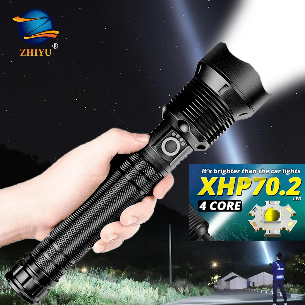 

ZHIYU Powerful LED Torch XHP70/50 Super Bright Flash Lights USB Rechargeable Zoom Tactical Flashlights With battery display