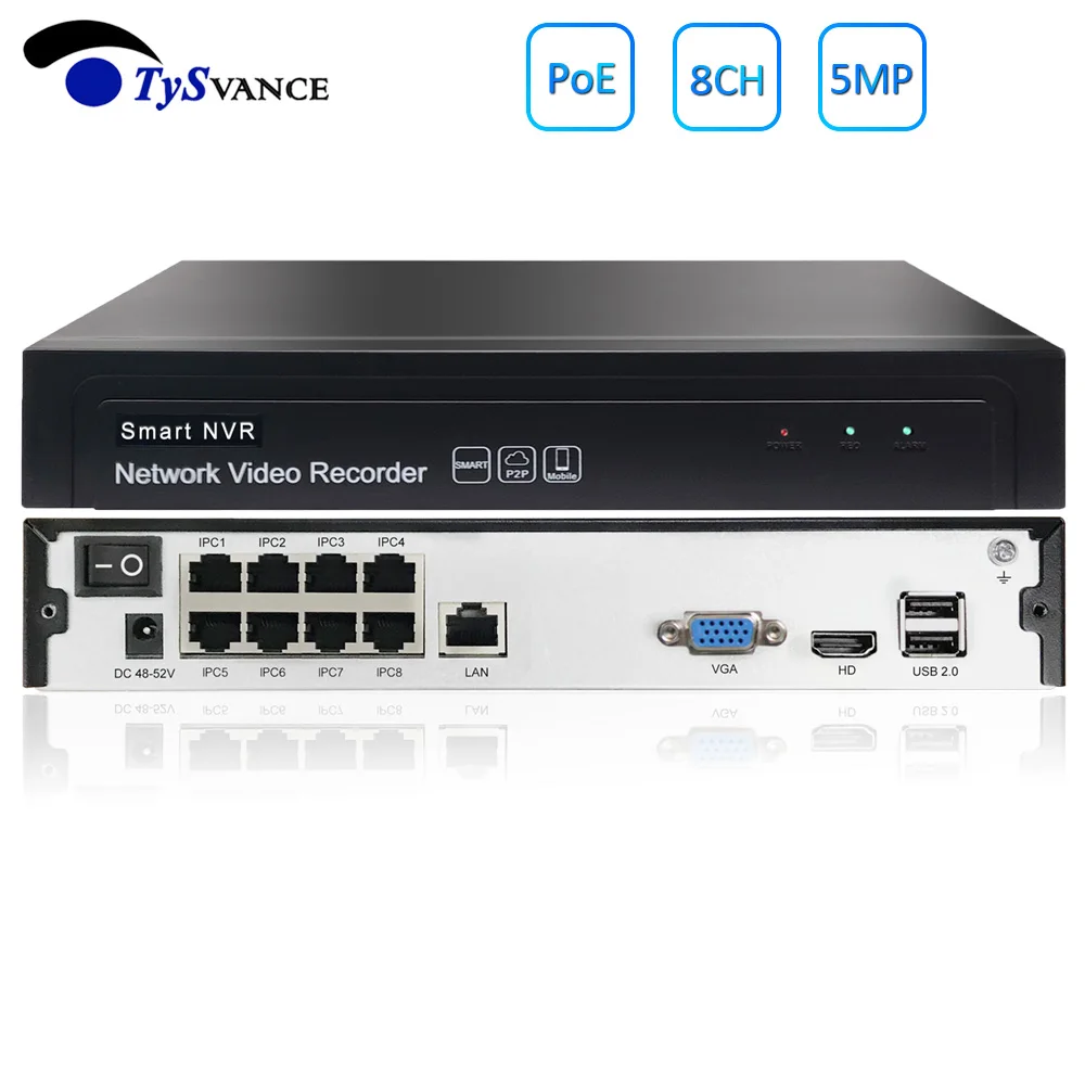 Сетевой видеорегистратор TySvance 8 каналов POE 5 МП NVR H.265 сетевой до 16 1 HDD 24/7 Φ Onvif 2 6 P2P