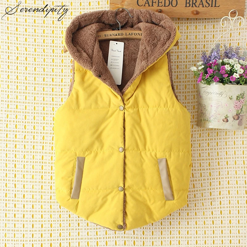 Меховой хлопковый теплый жилет с капюшоном для женщин, без рукавов, милый зимний жилет на пуговицах, женские повседневные короткие топы, джотт, жилет, пальто, куртки