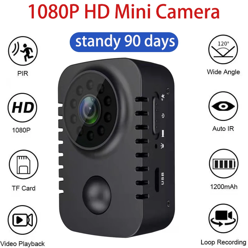 Camara de video Minicámara corporal HD inalámbrica 1080P, cámara de bolsillo de seguridad, videocámara pequeña Nanny activada por movimiento para coches, grabadora de vídeo PIR en espera
