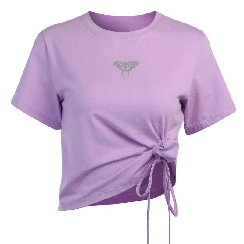 

Paris Girl Summer Cotton Casual Butterfly Printed Two Wear Drawstring Ruched Tops Short Sleeve T-Shirt Women