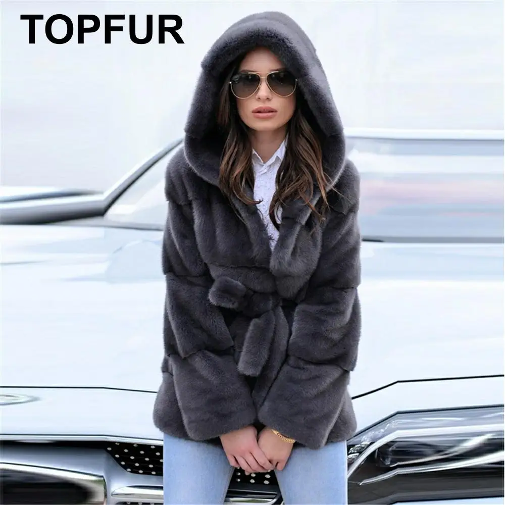 TOPFUR, новая мода, темно-серая норковая шуба с капюшоном, меховой пояс, зимняя шуба из натурального меха для женщин, плюс размер, тонкий мех, стиль 70*60, одежда