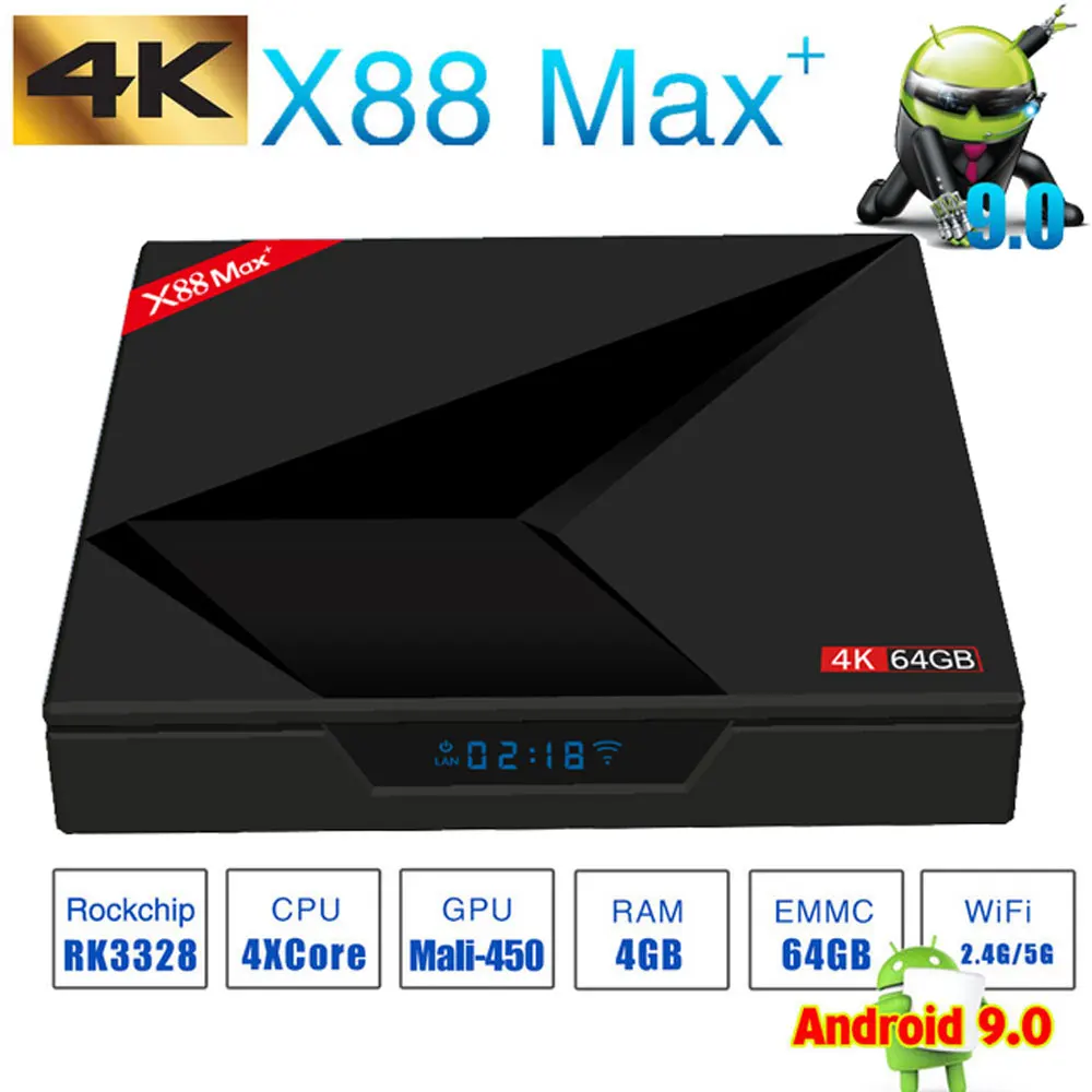 Android 9.0 TV Box 4GB RAM 64GB ROM X88 MAX PLUS RK3328 Quad Core TYPE-C 2.4G/5Ghz Dual WiFi BT4.0 4K Smart Set Top Box PK 8.1