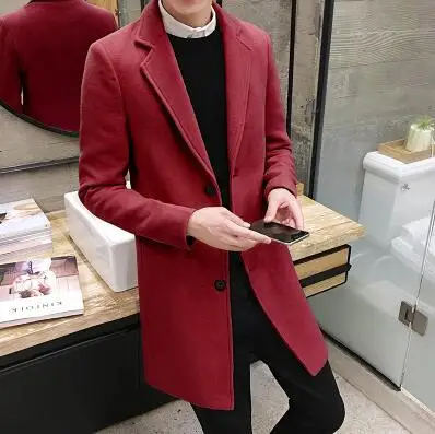 Новая зимняя мужская шерстяная куртка для отдыха, длинные шерстяные пальто, мужские однотонные повседневные модные куртки/повседневные мужские пальто - Цвет: Red wine