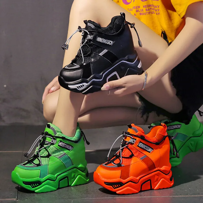 Tanie Nowy 2019 kobiety buty na platformie jesień oddychające kliny buty casual 10CM wysokie obcasy gruba podeszwa trampki kobieta Deportivas Mujer