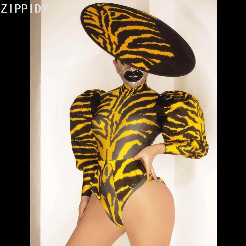 

Zebra Pattern Tuxedo Bodysuit Cap Women Dancer Singer Show Wear Prom Party Bar Stage Dance Cosplay Club Outfit