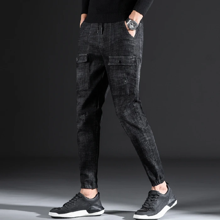 Мужские зауженные брюки джинсы тонкие потертые джинсы из денима мужская одежда брюки со шнуровкой