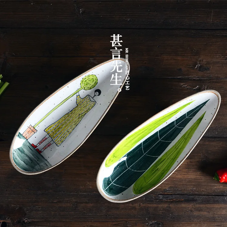 

Green Thing Personality Hand Days Type Coarse Ceramic Tableware Household Compote Tableware Arts Pottery Tableware Basin Plate