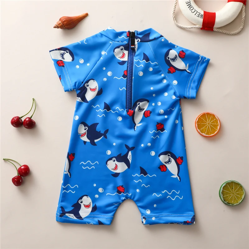 Kids Swimsuits 0-5 Years Baby Boy OnePiece Swimsuit Shark Pattern Short Sleeve Zipper Bathing Beachwear