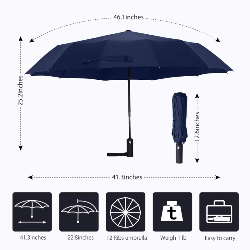 12 ребер ветрозащитный дорожный зонтик с тефлоновым навесом, Удлиненная ручка с кнопкой автоматического открытия и закрытия, компактная защита от R