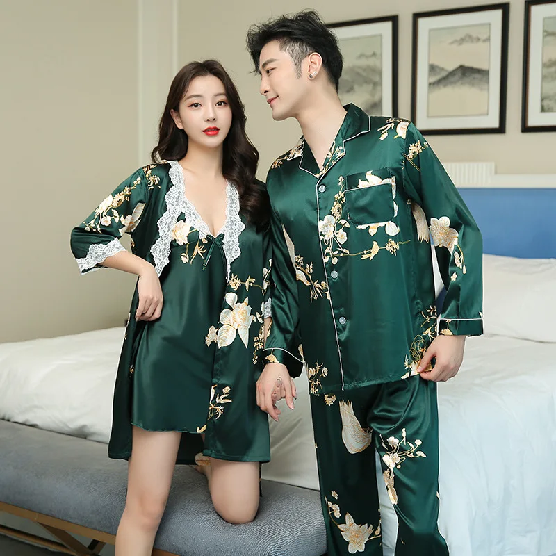 Couples Matching Pajamas Silk Long Sleeve Sleepwear Satin Soft