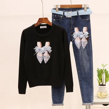 

Fashion Knitted Sweater Women Set 2020 Autumn New Beading Sequin Mesh shoes Sweater + Small feet Jeans Casual 2 Piece Set Women