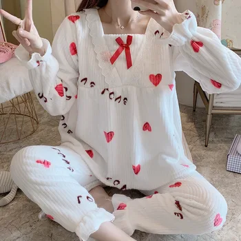 

Autumn and Winter Home Suits Warm Women's Home Wear Pajama Lounge Sets Womens Two Piece Sets Cute Pijamas Women