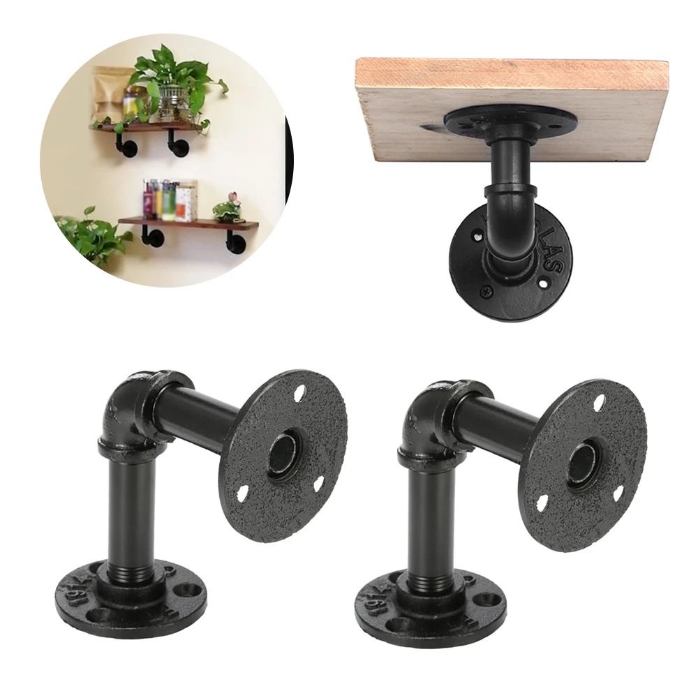 

Hot New 2Pcs Black Pipe Shelf Brackets Steampunk Industrial Iron Pipe Wall Mount Shelf Bracket Holder Wall Shelf DIY Decor