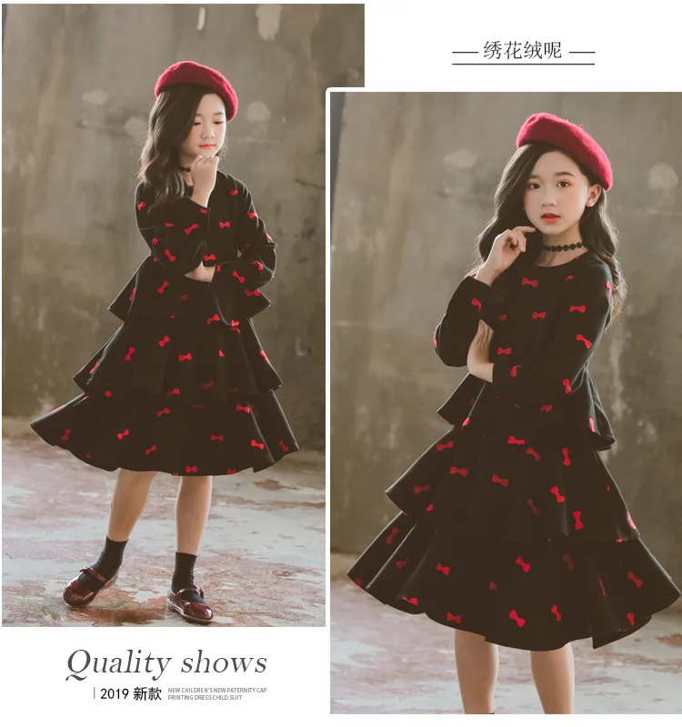 new Autumn winter baby princess dress layered girls dress velvet embroidered bow Korean children fashion dress,#5339