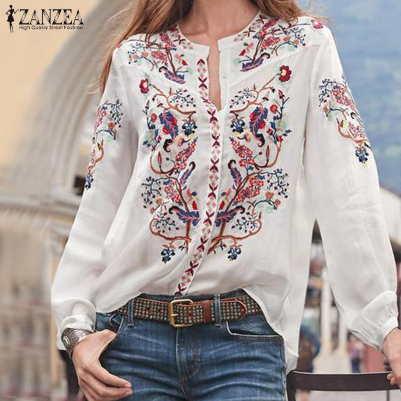  Bohemian Printed Tops Women's Autumn Blouse ZANZEA 2019 Plus Size Tunic Fashion V Neck Long Sleeve 