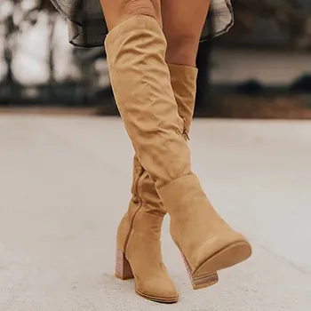

Rome Shoes Women's Solid Zipper Chunky High Heels Knee-high Boots Sexy Female Autumn Winter lady Thigh High Boot