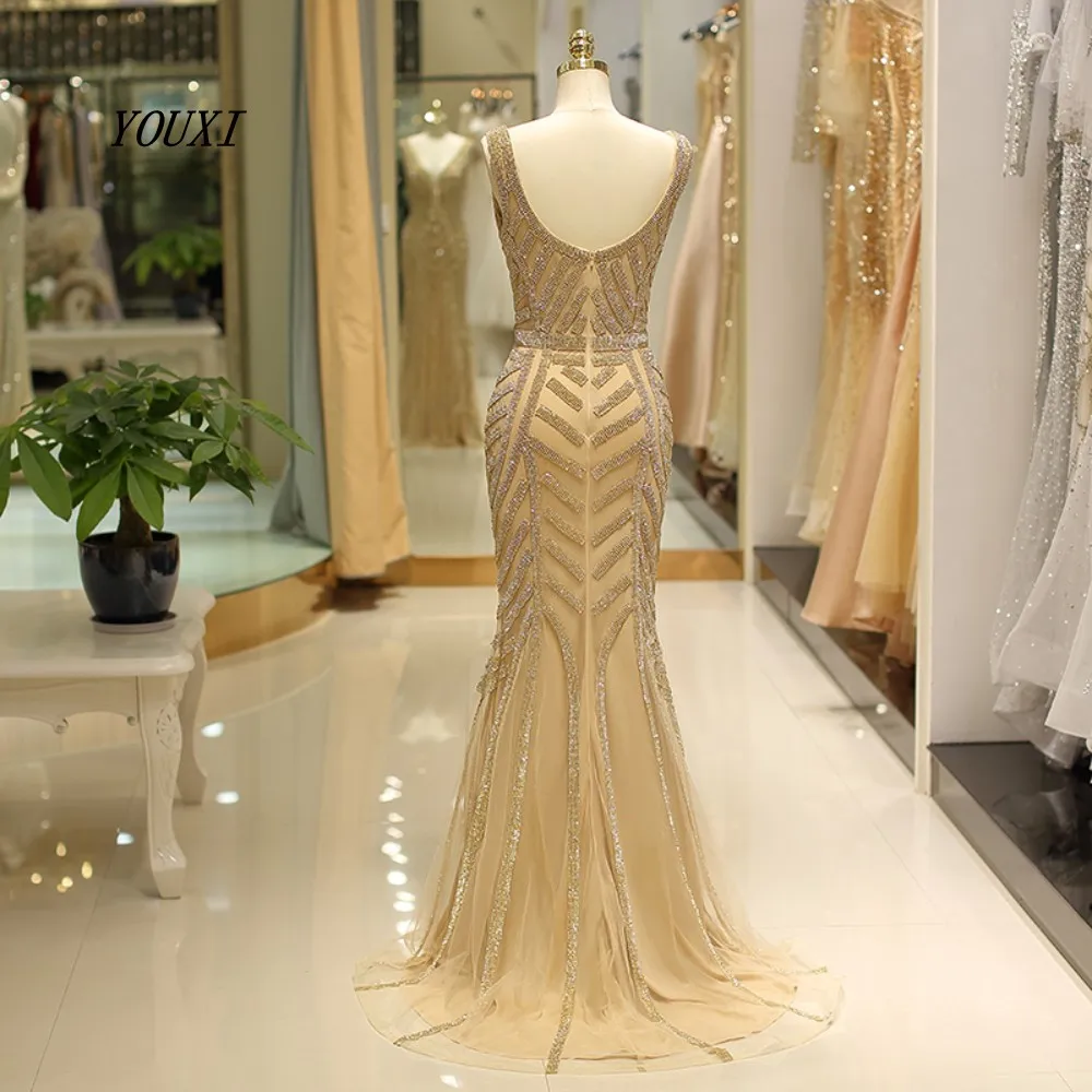 YOUXI Русалка вечернее платье V-Neck золото кристалл бисером Abendkleider Lang формальное платье robe de soiree
