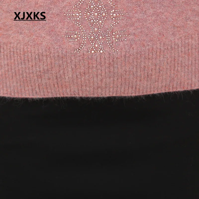XJXKS winter new exquisite diamond women turtleneck sweater plus size high-end mink cashmere knitted sweater women pullove