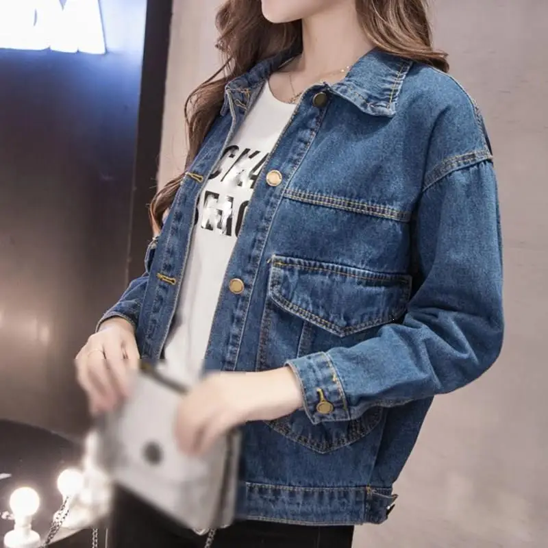 

2019 Spring Fall Women Plus Size Denim Jackets Loose Basic Jean Jackets Pocket Solid Long Sleeve Denim Coat
