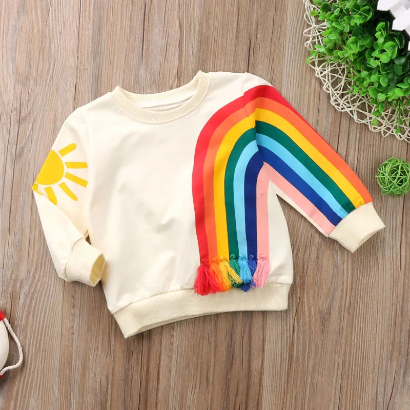Модная детская футболка с принтом радуги и солнца для маленьких девочек, хлопковая блузка, свитер, свитер, кардиган